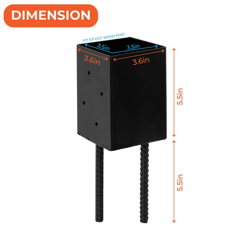 Sturdy 4x4 Post Base Anchor Ground Spike for Concrete Decks and Fence Posts, Black Powder Coated Steel, Fits 3.5x3.5 Wood Posts