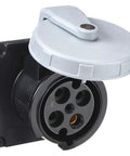IEC 60309 100 Amp 3 Phase Pin And Sleeve Receptacle Black Nylon Housing Watertight Industrial Connector Sealed Rock Solid For Job Sites Where You Want Zero Drama, with lid open showing connectors.