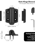 Diagram showing 2-Pack Adjustable Tension Gate Hinges With Caps For Outdoor Wood And Metal Gates, dimensions and parts included.