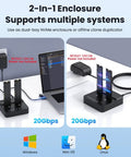 Dual Bay M.2 NVMe SSD Cloner Dock and Enclosure With USB 3.2 Gen 2X2, dual-bay setup showing cloning process on a laptop.