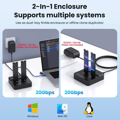Dual Bay M.2 NVMe SSD Cloner Dock and Enclosure With USB 3.2 Gen 2X2, dual-bay setup showing cloning process on a laptop.