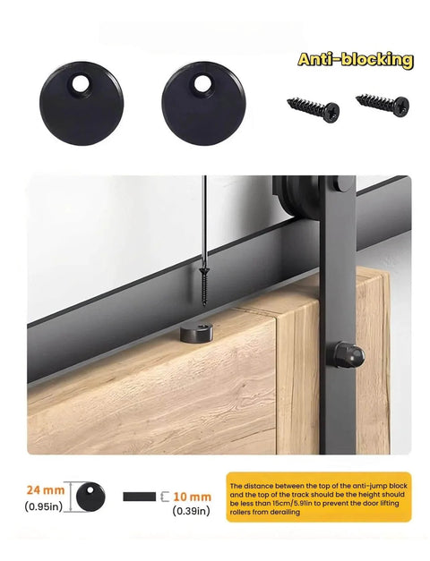 Close-up of installed Heavy Duty Sliding Door Track Kit With Carbon Steel Rail, showcasing nylon rollers and anti-block components.