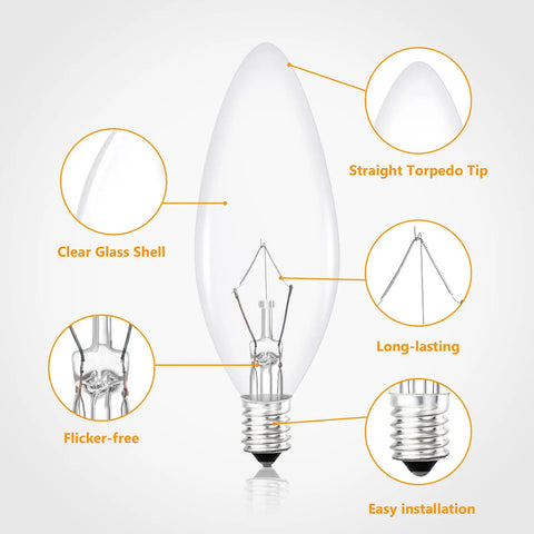 Diagram of a Retro Style Incandescent B10 Light Bulb 40W 380 Lumens Clear Dimmable E12 Edison Candle Bulb highlighting features.