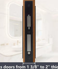 Zero Profile Pocket Door Lock Privacy Hardware With Flush Mount Pull Handle in matte black, shown on door edge in bathroom.