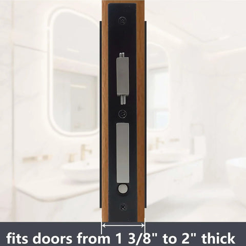 Zero Profile Pocket Door Lock Privacy Hardware With Flush Mount Pull Handle in matte black, shown on door edge in bathroom.