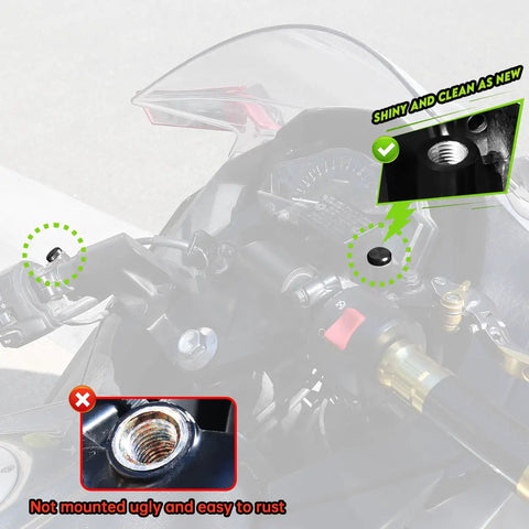 3 Pack Universal Motorcycle Mirror Hole Plugs M10 Thread Tough As Nails Aluminum Handlebar End Caps For Custom Biker Rides And Dope Custom Looks In Matte Black on a motorcycle handlebar.