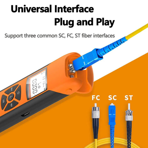Fiber Optic Power Meter For Testing With Seven Wavelengths Minus 70 To Plus 10 dBm Range Rechargeable Battery USB Charging Universal SC FC ST Interfaces Auto Wavelength Attenuation Identification Compact OPM For Field Techs showing SC connector