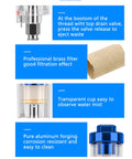 2 Pack Must-Have Mini In-Line Air Filter Moisture Separator showing brass filter, drain valve, and transparent cup benefits