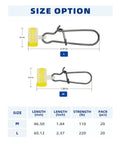 Size options for Sinker Slide Fishing Sliders With Sliding Sleeve Stainless Steel Duo Lock Snap 220LB Pro Grade Fish Finder Rig Quick Change Clips 20 Pack For Freshwater And Saltwater, showing two sizes M and L with measurements.