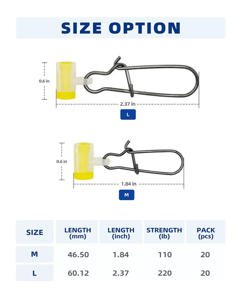 Size options for Sinker Slide Fishing Sliders With Sliding Sleeve Stainless Steel Duo Lock Snap 220LB Pro Grade Fish Finder Rig Quick Change Clips 20 Pack For Freshwater And Saltwater, showing two sizes M and L with measurements.