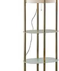 Antique Brass Shelf Floor Lamp With Frosted Glass Shelves Off White Textured Fabric Shade Black And White Fabric Covered Cord