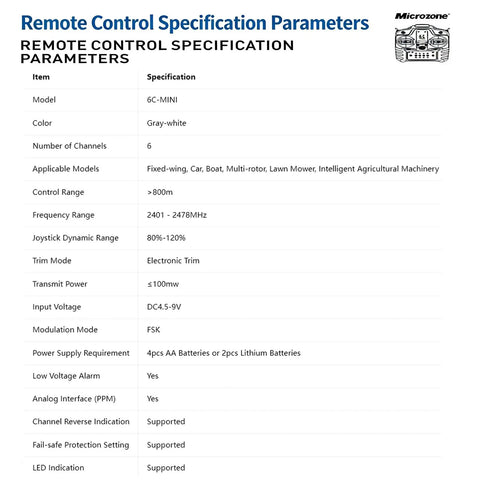 Remote control specification table for 150cm Wingspan RC Paraglider PNP Kit With 2300KV 2205 Brushless Motor For Outdoor Paragliding Self Assembly Requires Battery Transmitter Receiver Not For Beginners Pilot Ready For Adults.