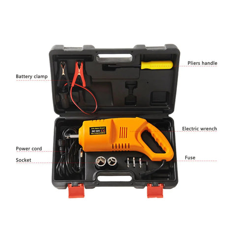 Compact 12V Electric Impact Wrench With Cigarette Lighter Plug High Torque Portable Tire Removal Tool For Car Truck Sedan Emergency Flat Tire Change No Battery Needed Easy Auto Repair in black case.