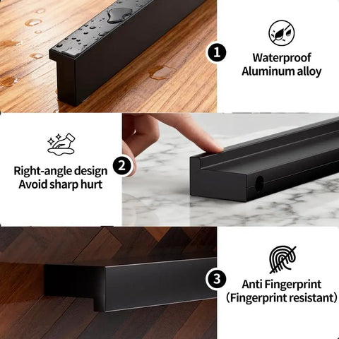 Five Pack 320mm Center To Center Tilted Black Cabinet Handle Aluminum Alloy L Rectangle Pull on wooden and marble surface.
