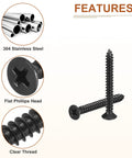 100 Pack Of Badass Black Flat Head Wood Screws Heavy Duty Self Tapping Fasteners In Four By One Inch Size Made From Tough 304 Stainless Steel, showing features like flat Phillips head.