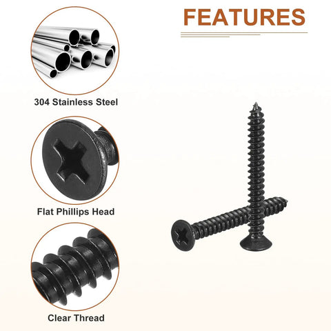 100 Pack Of Badass Black Flat Head Wood Screws Heavy Duty Self Tapping Fasteners In Four By One Inch Size Made From Tough 304 Stainless Steel, showing features like flat Phillips head.
