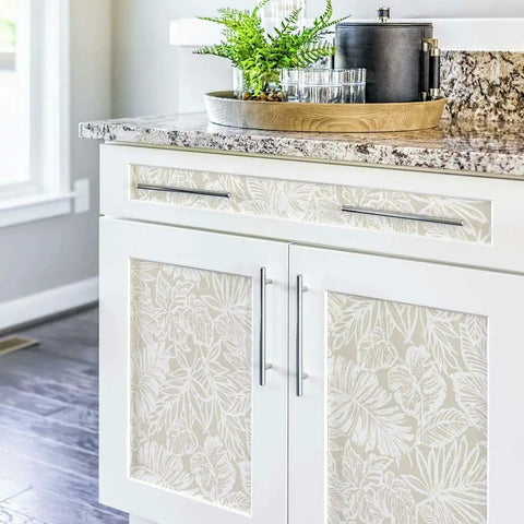Kitchen cabinet with Beige Batik Tropical Leaf Peel And Stick Wallpaper Roll 20 Point 5 Inches Wide By 16 Point 5 Feet Easy Drop Match.