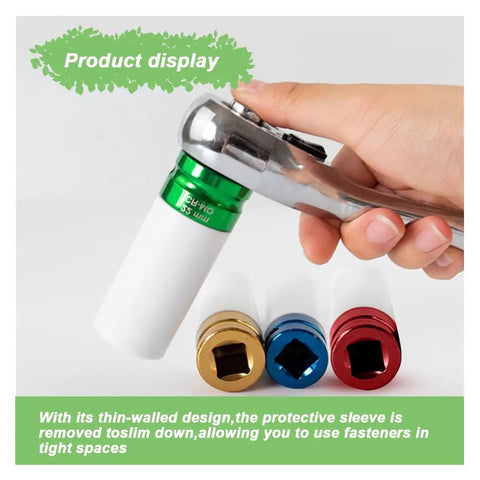 Heavy Duty Half Inch Drive 22 Mm Lug Nut Impact Socket Featuring A Scratch Proof Protective Sleeve For Smooth Rim Safe Removal Built Tough As Nails For Pro Mechanics And Weekend Warriors Seeking No Hassle Knockout Performance Daily held with a ratchet.