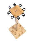 Top view of Eight Rod Floor Stand For Fishing Poles Bamboo Base Storage Rack With Soft Ring Protectors, square and stable design.