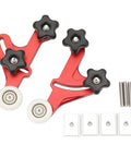 Built Tough Adjustable Table Saw Stock Guide With Slick Rolling Aluminum Bearing Wheels, red and black dual rollers with screws.