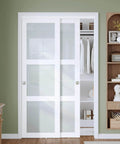 Preassembled 48 x 80 Inch White Frosted Glass Sliding Closet Door Set With 3 Lite Bypass Panels installed in bedroom closet