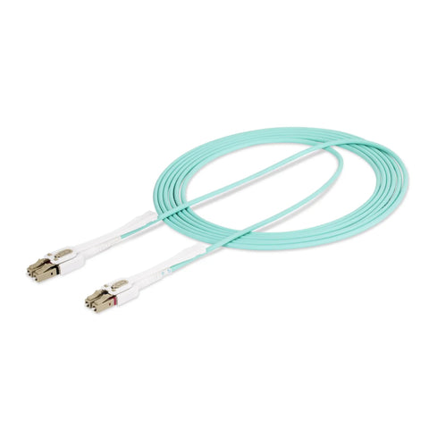 OM4 Push-Pull Fiber Cable 10ft 3m LC to LC for High-Density Setups With Retractable Connectors, EMI Shielded, Supports Up To 100Gbps Networking, Toolless Polarity Swap For Easy Insertion And Removal, aqua LC connectors