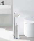 Free Standing Toilet Paper Holder With Reserve Space For Jumbo Rolls, Chrome Finish, next to modern toilet and sink