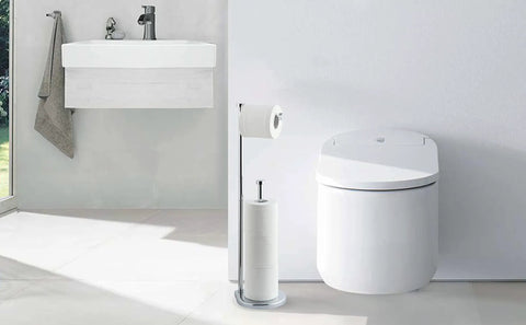 Free Standing Toilet Paper Holder With Reserve Space For Jumbo Rolls, Chrome Finish, next to modern toilet and sink