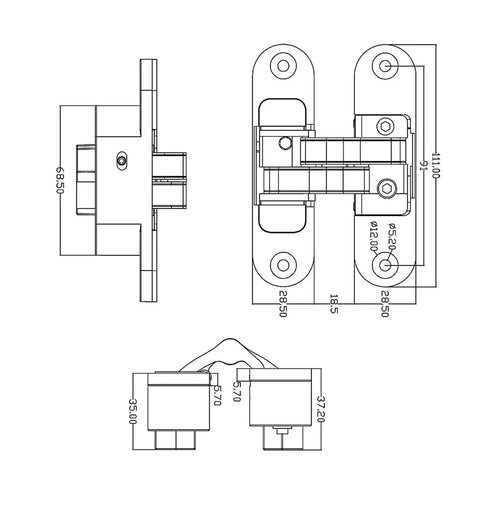Technical diagram of Interior Wood Door With SUS 304 Hidden Hinge Stainless Steel Concealed Hardware dimensions shown.