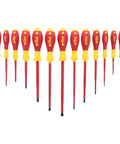 Slotted And Phillips Insulated Screwdriver Set 13 Piece 1000V VDE Rated With SoftFinish Handle Black Oxide For Electricians Pro Grade Gear DIY Enthusiasts arranged in a row