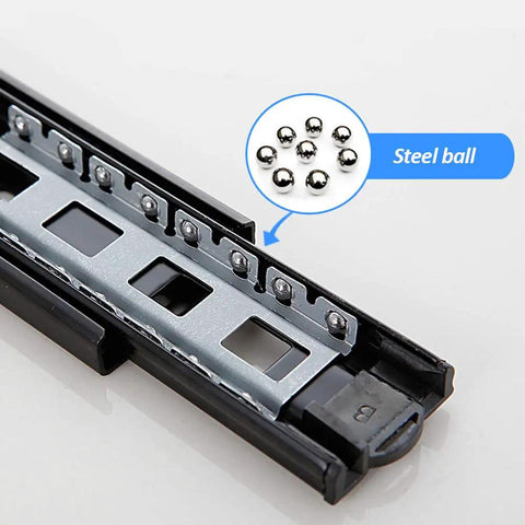 Soft Close Three-Section Drawer Slides With Ball Bearing Runners Black Cabinet Drawer Rails close-up view with steel balls
