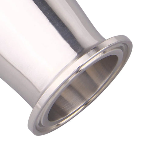 Close-up of DERNORD SS304 eccentric reducer tri-clamp sanitary fitting, 2 in x 1.5 in flange end