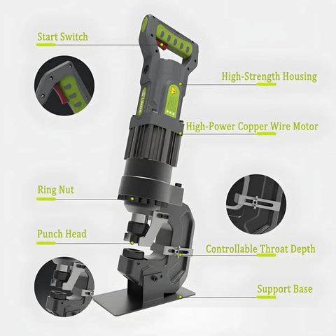 Diagram of Heavy Duty 2000W Electric Hole Puncher With 20 Ton Capacity showing punch head, motor, switch, and housing.