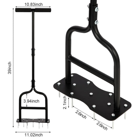 Manual Lawn Aerator With Eleven Iron Spikes For Easy Soil Breakup And Coreless Aeration, dimensions and design shown