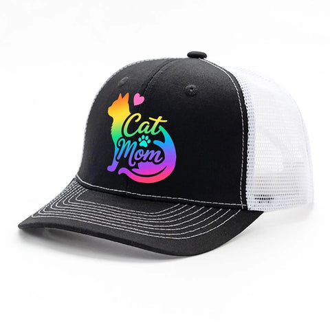 Pet Lover Trucker Cap For Women And Men With Humorous Style, Low Profile Unstructured Hat, Cat Mom design, six vent eyelets