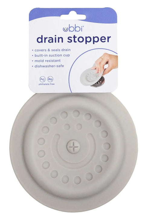 Premium Soft Silicone Bathtub Drain Stopper With Super Strong Suction Cup, gray 5-inch drain plug for baby bath times.