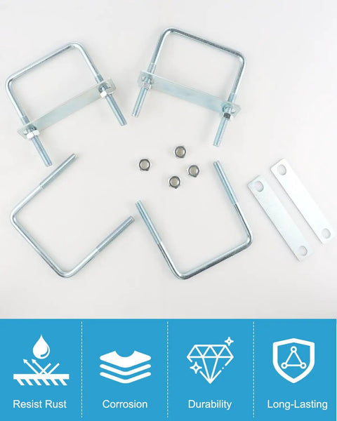 Heavy Duty No Sweat Assembly 12 Piece Square U Bolt Set Zinc Plated Hardware Kit Includes Frame Plates And Nuts with U bolts and nuts.