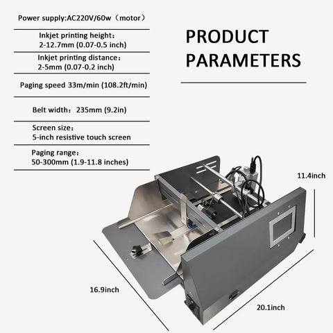 Automatic Desktop Paging Machine And Inkjet Printing Feeder For Bags Cards Cartons High Speed 60W Motor adjustable width, detailed view of product parameters.