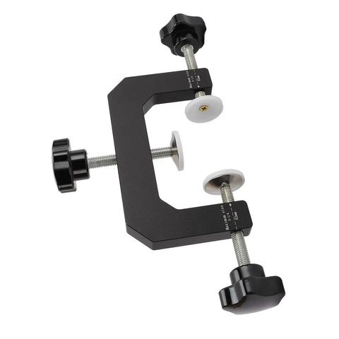 Heavy Adjustable Woodworking Face Clamp Delivering Total No Sweat Aluminum Grip Cabinet Edge Tool, black metal construction with grips.