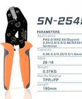 Pro Grade Ratchet Crimp Tool For 0.08-1.0 Mm2 Wire, 18-28 AWG, in orange with TPR handle, displayed with specifications.