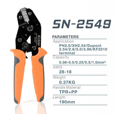 Pro Grade Ratchet Crimp Tool For 0.08-1.0 Mm2 Wire, 18-28 AWG, in orange with TPR handle, displayed with specifications.