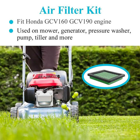 Lawn mower using Honda GCV160 Air Filter Tune Up Kit With Spark Plug 17211-ZL8-023, showing close-up of air filter component.