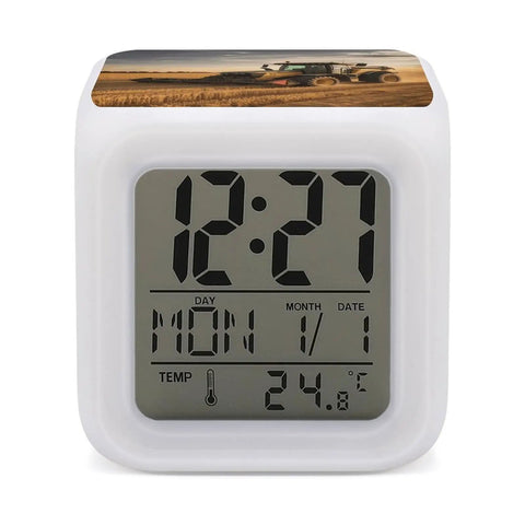 Farm Tractor Alarm Clock With LED Display, Seven Color Night Light; shows time, date, temperature.