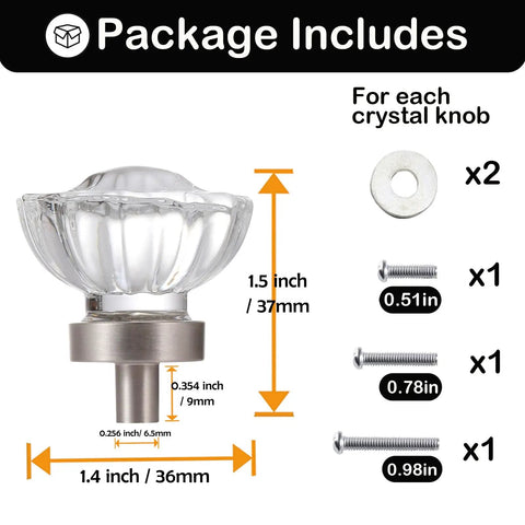 Package contents for Crystal Cabinet Knobs Eight Pack Glass Pulls With Brushed Nickel Base showing sizes and screws