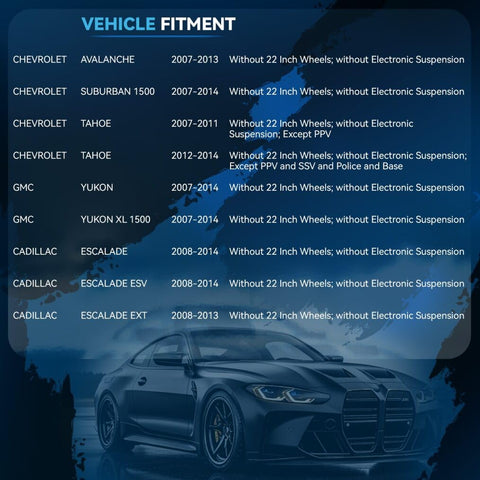 Vehicle fitment chart for Front And Rear Strut And Shock Kit For Chevy Suburban Tahoe Yukon XL 1500 Avalanche Escalade ESV EXT