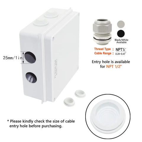 Rugged ABS Junction Box IP65 Waterproof Dustproof Enclosure, Universal Surface Mount Electrical Box White 5.9 x 5.9 x 2.8 Inches with NPT 1/2" entry