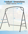 Heavy Duty Metal Swing Frame With A Frame Stand For Lawn Garden Backyard Porch Swing Stand With Extra Side Bars Versatile Three Ring Design Double Hanging Options Sturdy Outdoor Swing Stand For Relaxing with dimensions 71x52.5x72 inches shown.