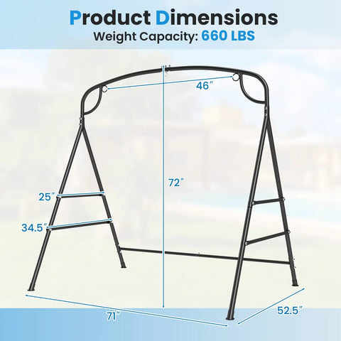 Heavy Duty Metal Swing Frame With A Frame Stand For Lawn Garden Backyard Porch Swing Stand With Extra Side Bars Versatile Three Ring Design Double Hanging Options Sturdy Outdoor Swing Stand For Relaxing with dimensions 71x52.5x72 inches shown.