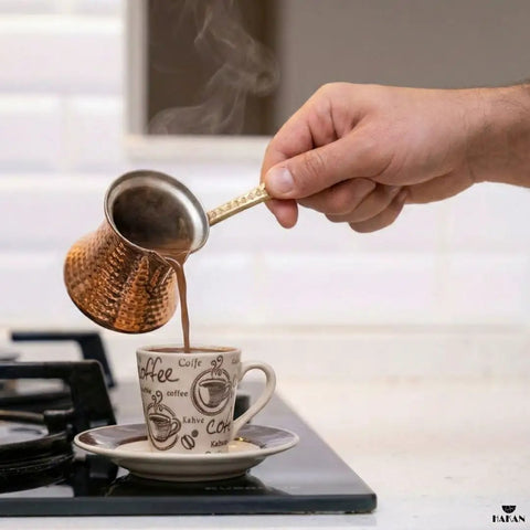Handcrafted copper Turkish coffee pot for stovetop use pouring coffee into a cup, 6.5 oz capacity, brass handle, even heat distribution.