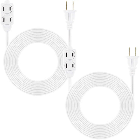 Two coiled Three Outlet Extension Cord 15 Ft Power Strip 2 Pack White UL Listed with plugs and safety covers